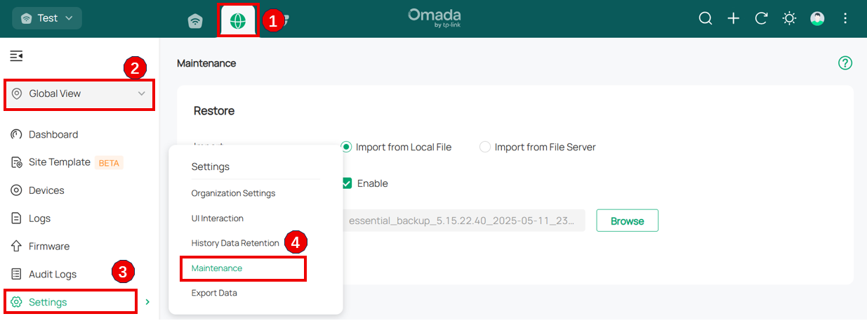 Alt text：Screenshot of target controller’s Maintenance page, where you could choose the backup file to be restored from local file or file server, click “Browse” button to configure file path.