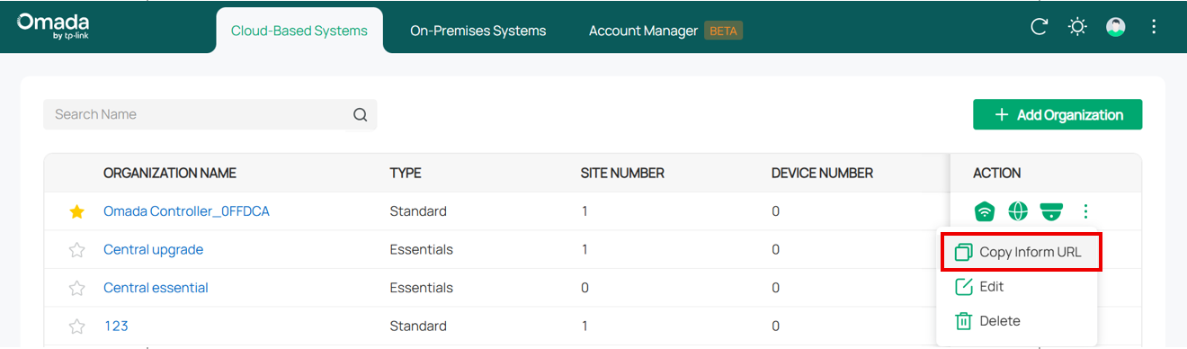Alt text：Organization list of Cloud-Based Systems page, shows location of the button.