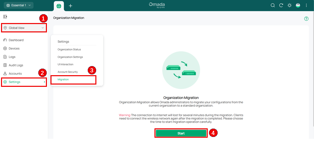 Alt text：Omada Central Essential Migration page with a button to Start Migration. And Warning about internet lose