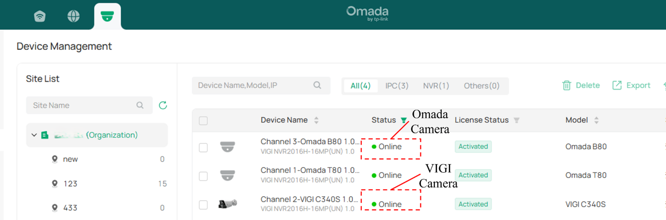 Alt text: Omada and VIGI Cameras added to the Omada Central’s Device page.