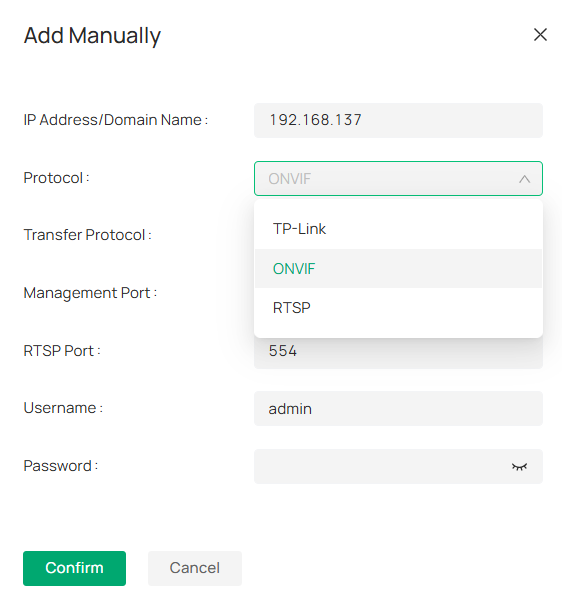 Alt text: Manually add third-party cameras based on ONVIF or RTSP protocols.