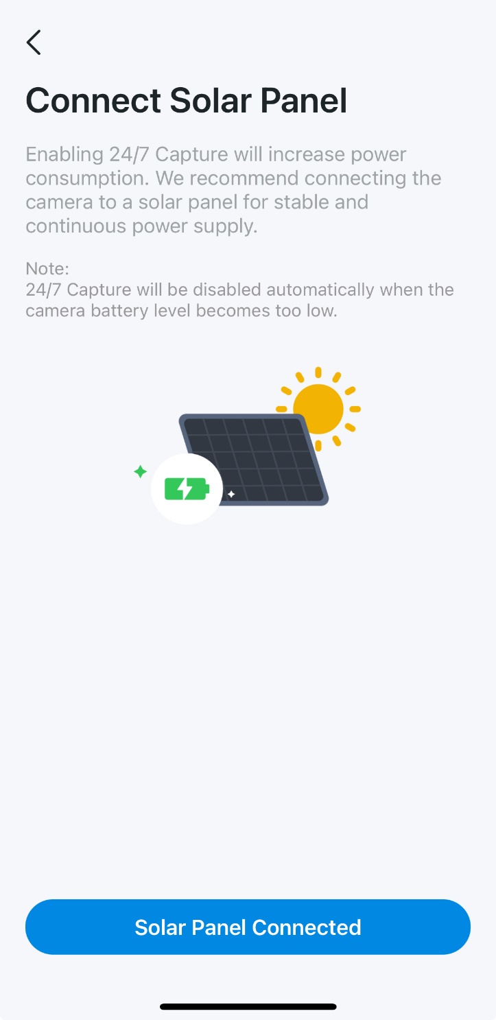 Recommendation to use a solar panel due to increased power usage from 24/7 Capture.