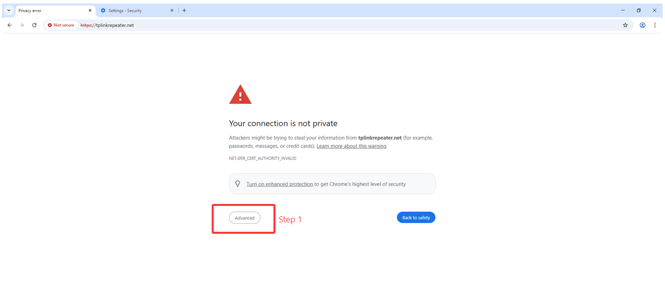 Browser warning message: "Your connection is not private" with a security alert. The "Advanced" option is displayed at the bottom.