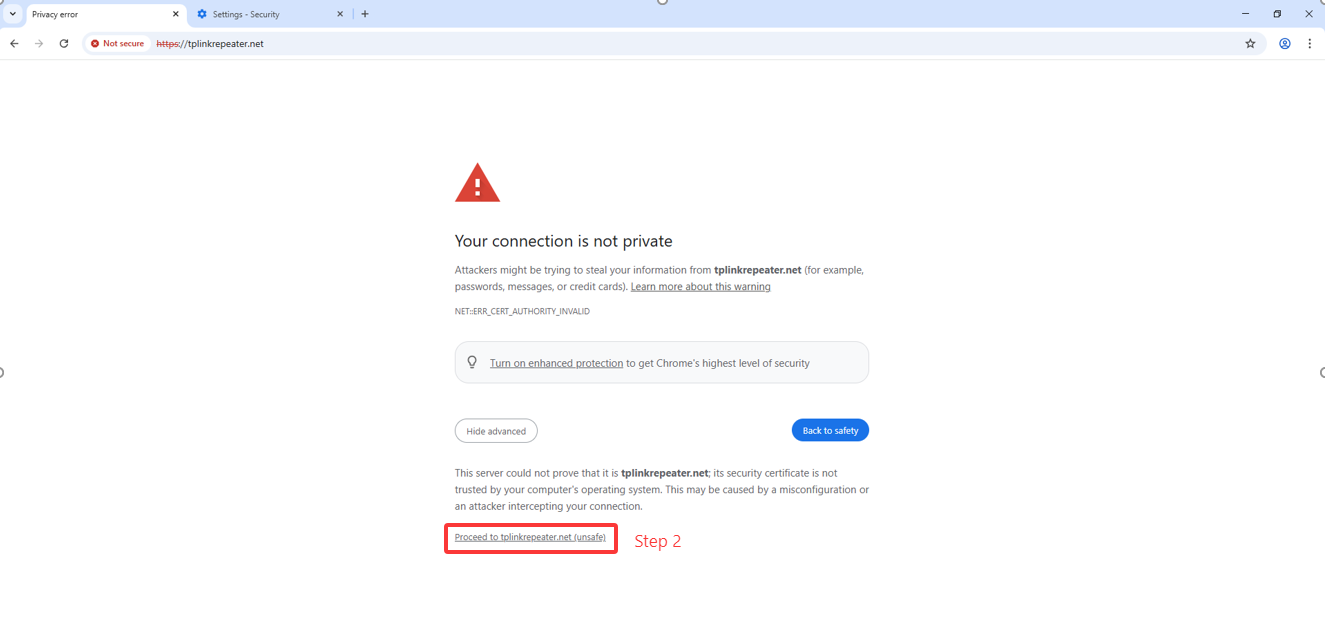 Browser warning message: 'Your connection is not private' with a security alert. A “Proceed to tplinkrepeater.net (unsafe)” option is displayed at the bottom.