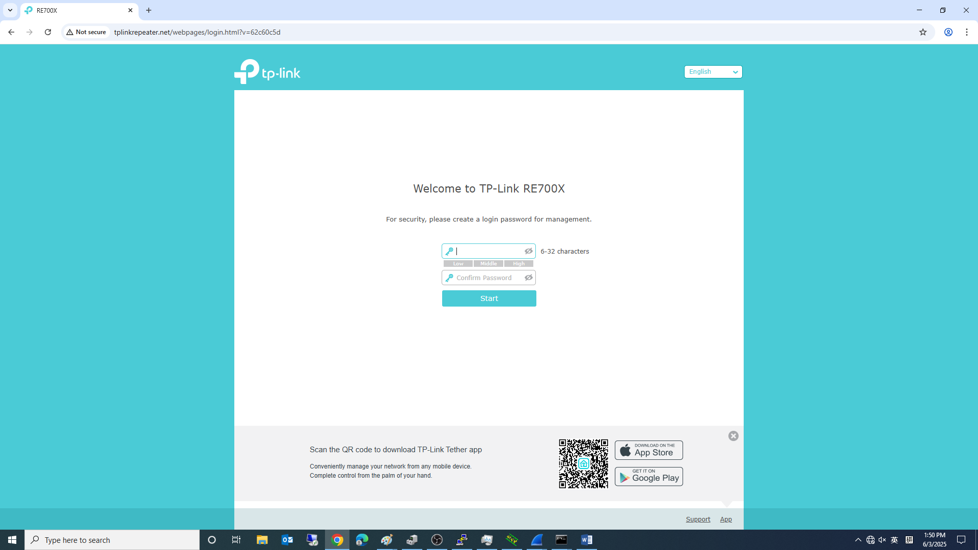 TP-Link RE700X setup screen prompting the user to create and confirm the login password, with a "Start" button below.