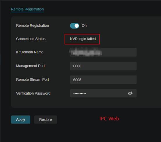 Alt-text: The IPC’s Connection Status shows ‘NVR login failed’ on IPC Web.