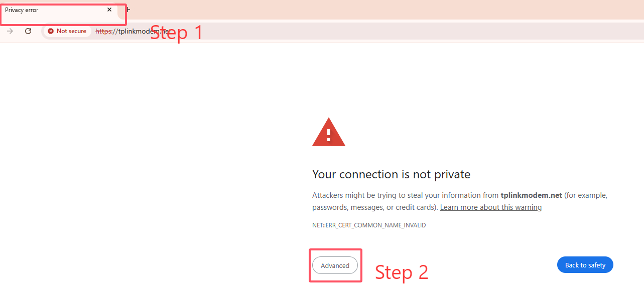 The browser says the connection is not private. 