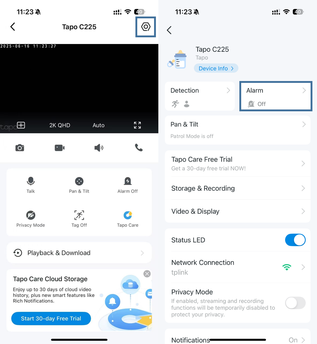 Locate the Alarm settings on Tapo app.
