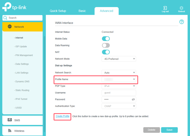 The page for editing the router’s APN settings.
