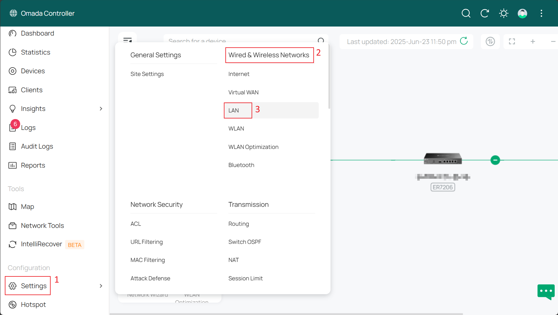 Alt text: The location where you enter the LAN page by clicking Settings and then LAN in sequence.