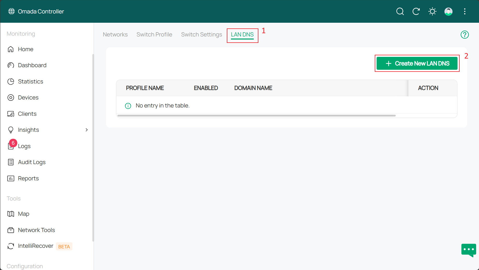 Alt text: The location of the button to create New LAN DNS.