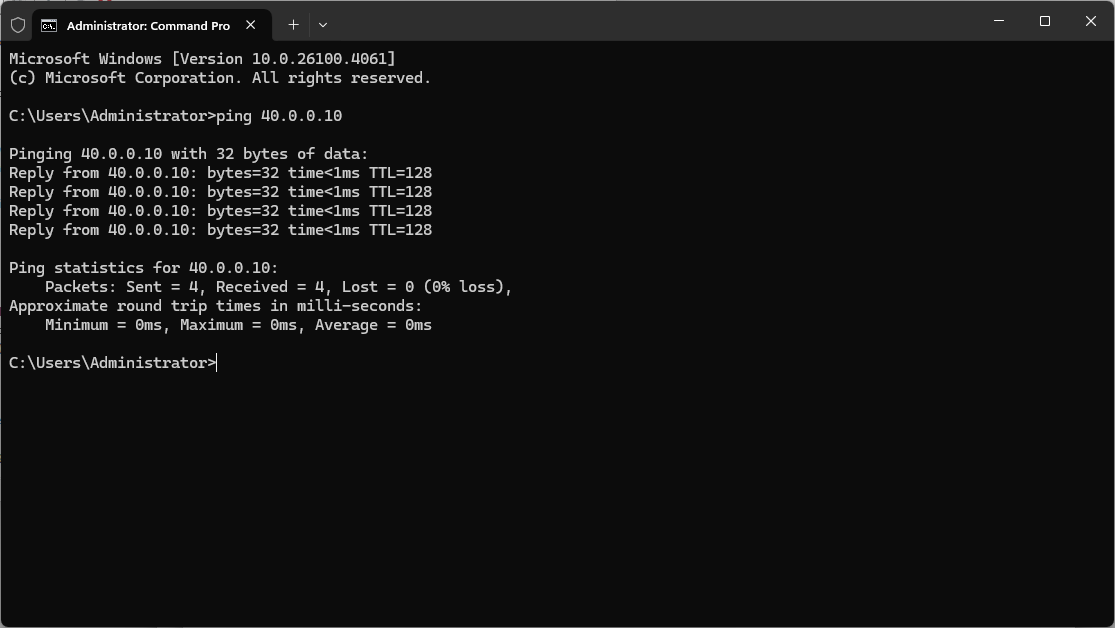 The result of ping 40.0.0.10 successfully with CMD.