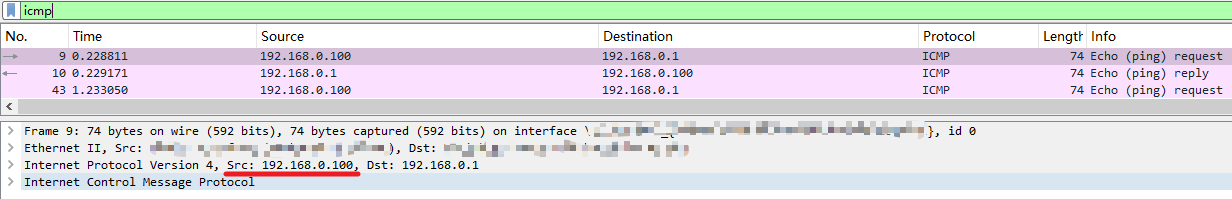 Alt text: In the Wireshark packet capture, the source IP address of the packet is displayed as 192.168.0.100.