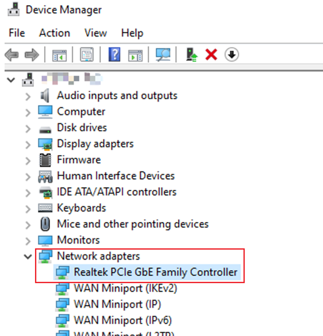 The Network Adapters on the Device Manager page.