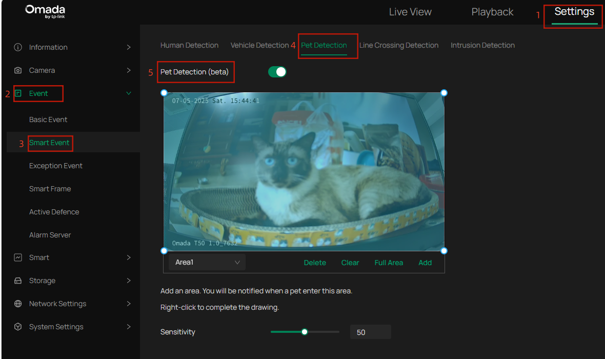 Alt text: Display how to enter the configuration interface of pet detection by a series of steps.