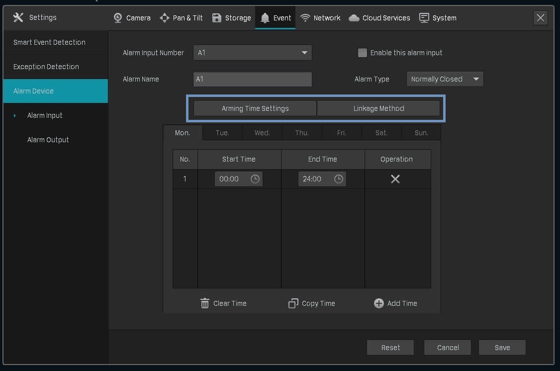 The alarm device setting page on the VIGI NVR.