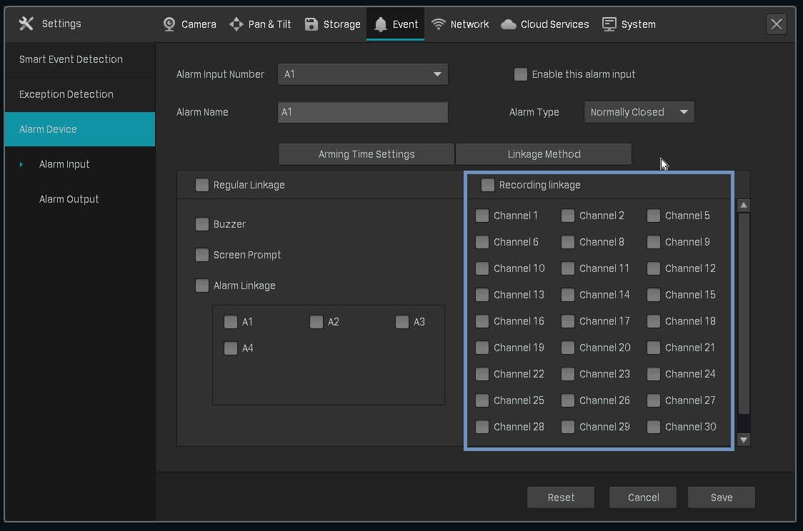 The location of recording linkage on the VIGI NVR.
