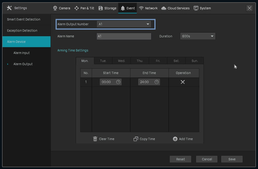 The alarm device setting page on the VIGI NVR.