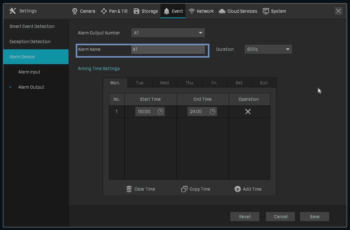 The alarm device setting page on the VIGI NVR.