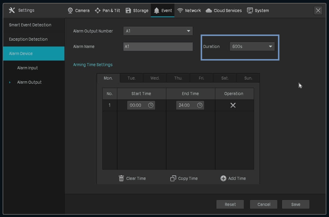 The alarm device setting page on the VIGI NVR.