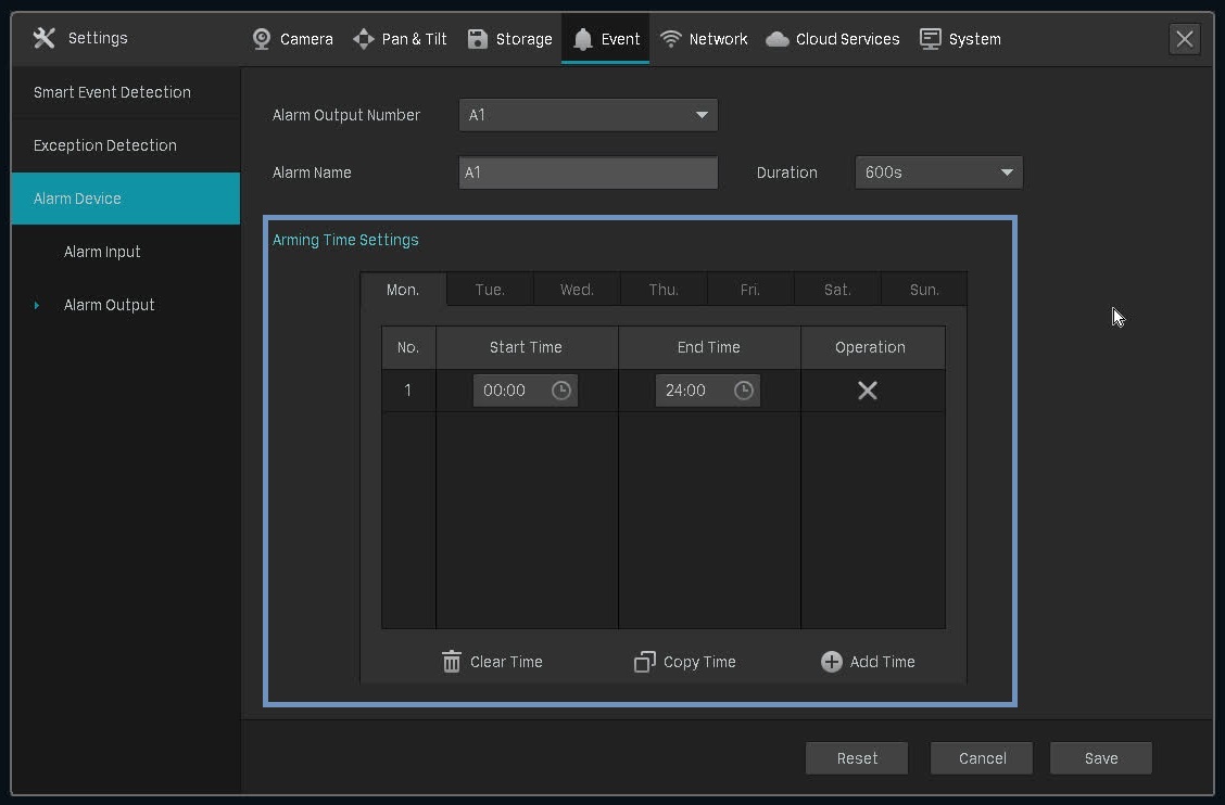 The alarm device setting page on the VIGI NVR.