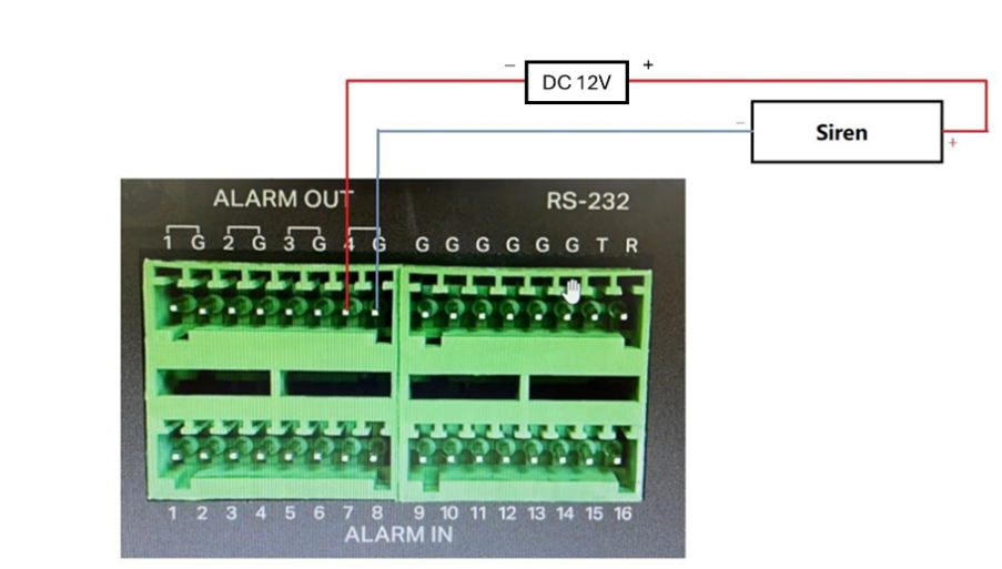 The connection topology to connect the external alarm out device to VIGI NVR, the external siren is powered by DC.