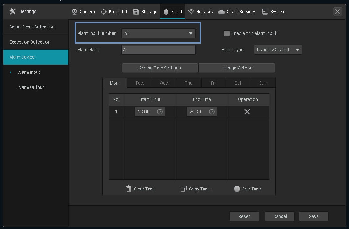 The alarm device setting page on the VIGI NVR.