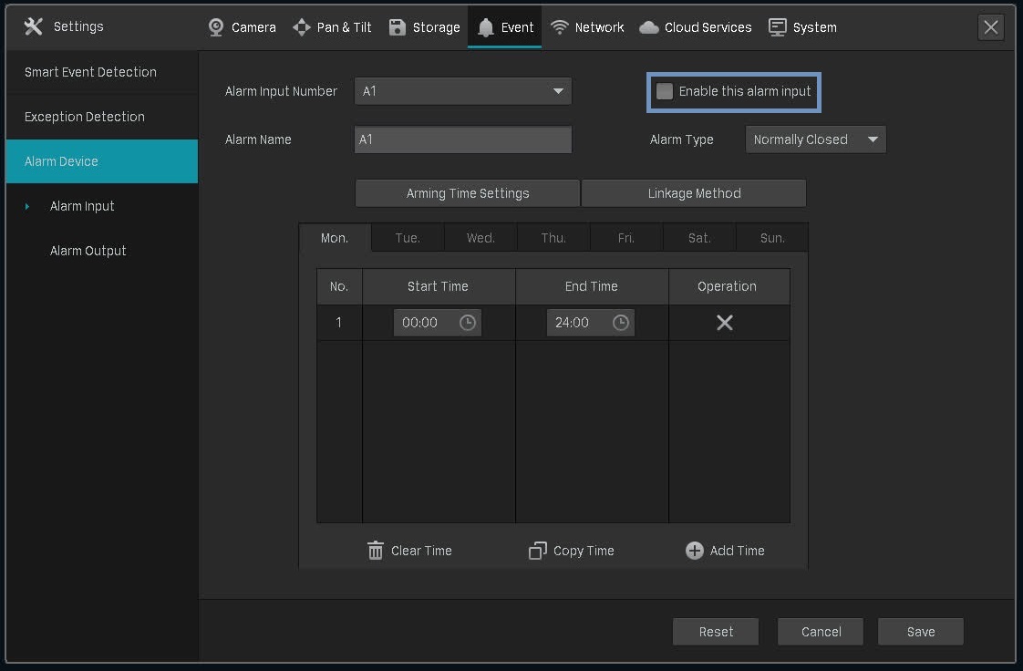 The alarm device setting page on the VIGI NVR.