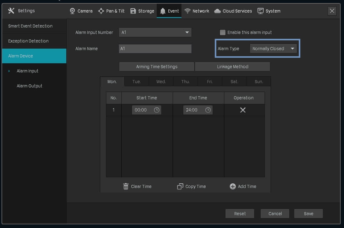The alarm device setting page on the VIGI NVR.