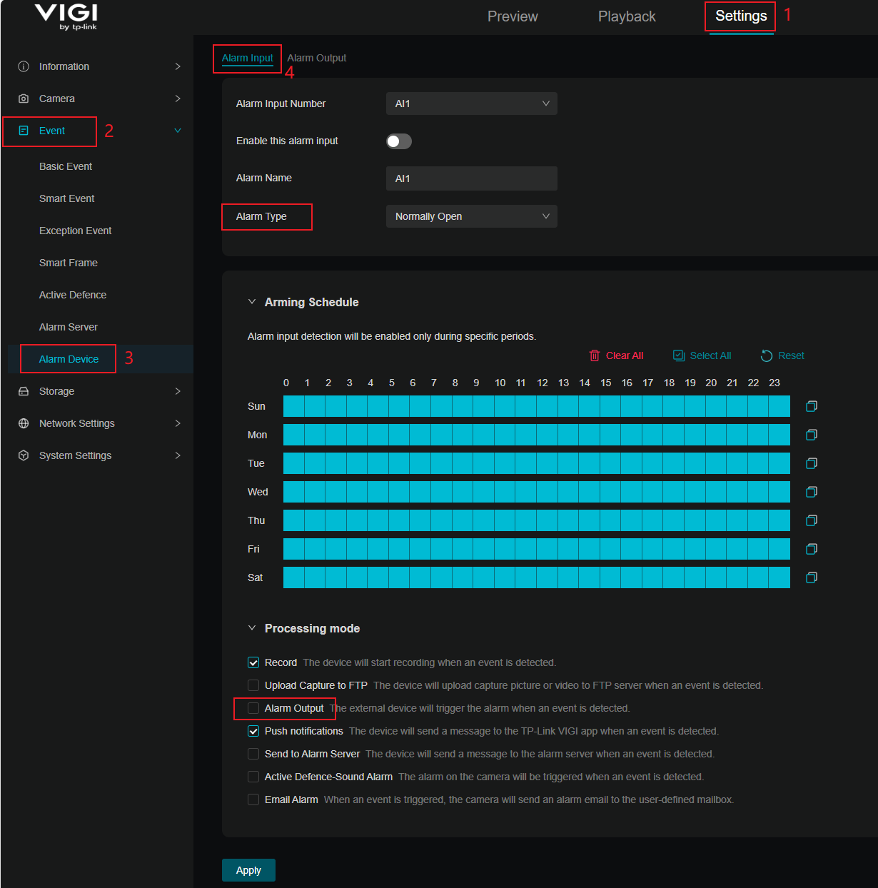 Display alarm input settings page.