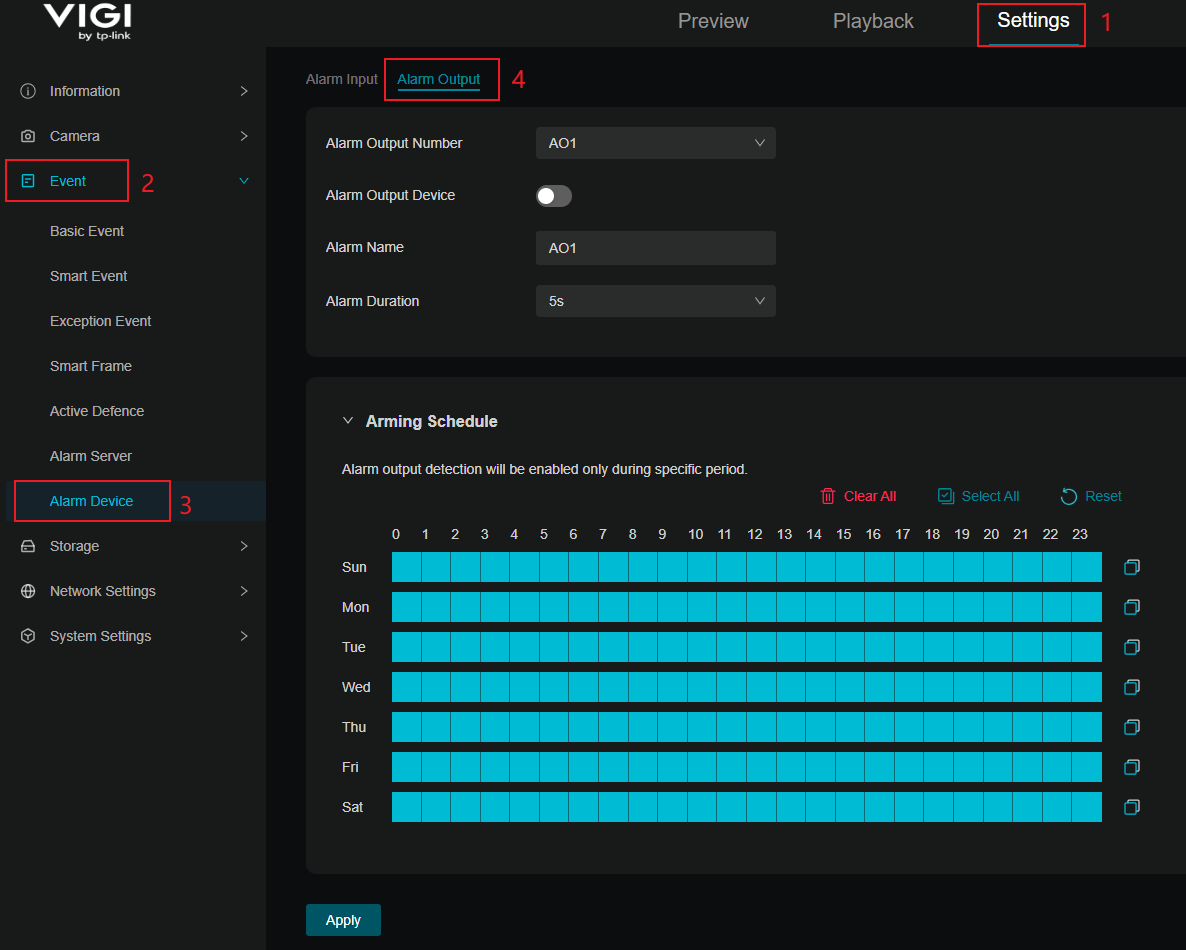 Display alarm out settings page.