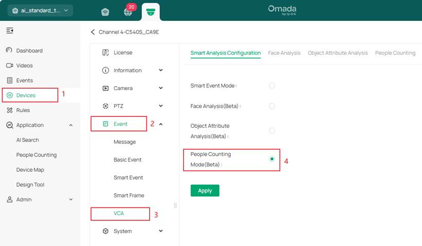 Select the People Counting Mode on Omada Central