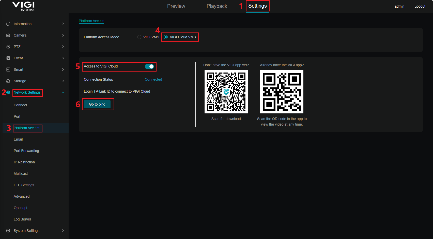 Show path to set platform access mode for VIGI cameras.