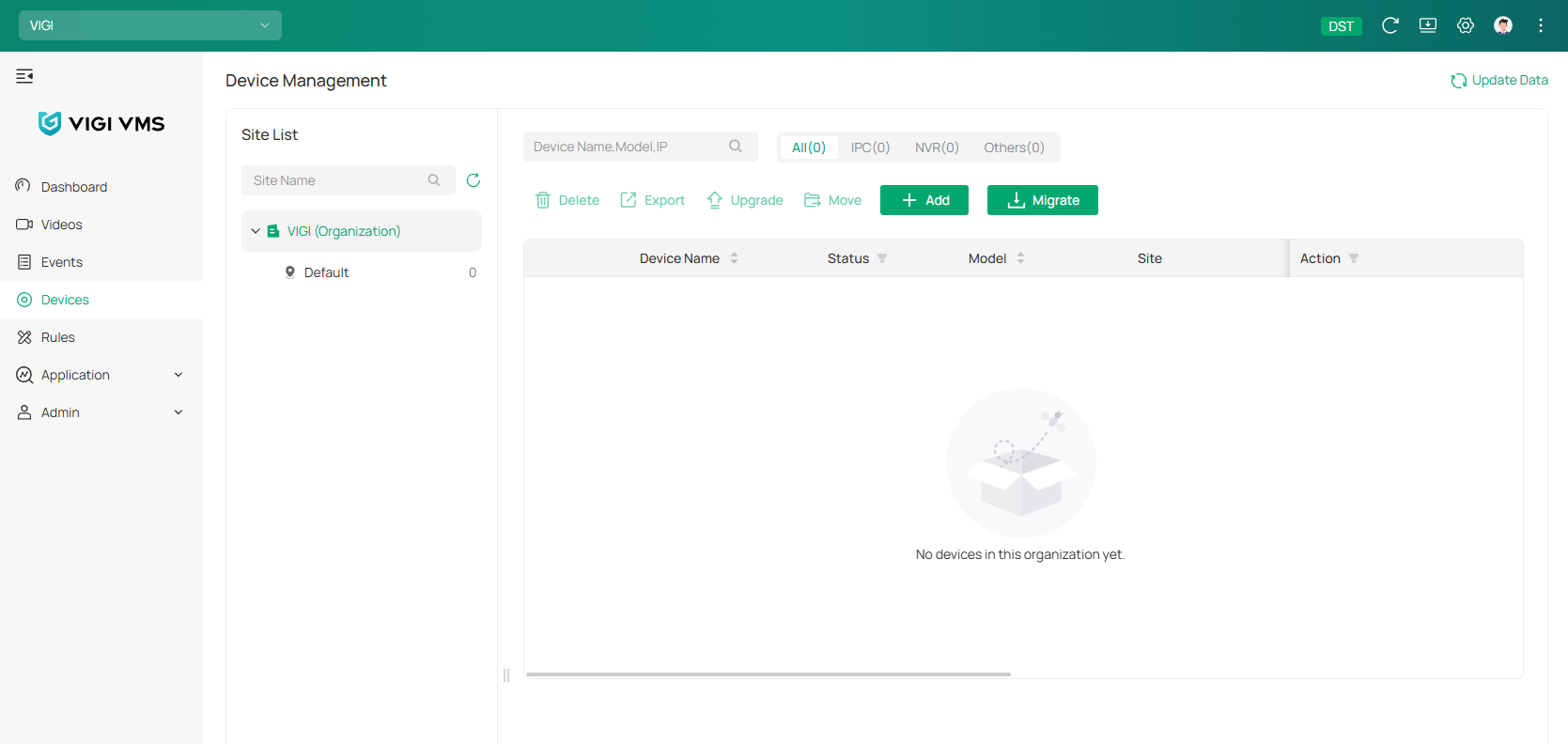Show device page under VIGI cloud VMS.