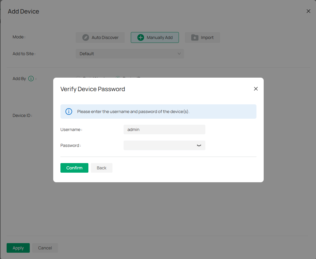 Show page after selecting the site to add the device.