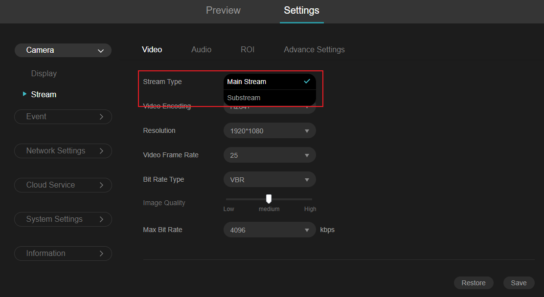 Alt text: Displays the location of Stream Type