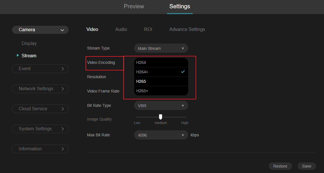 Alt text: Show all video encoding selections