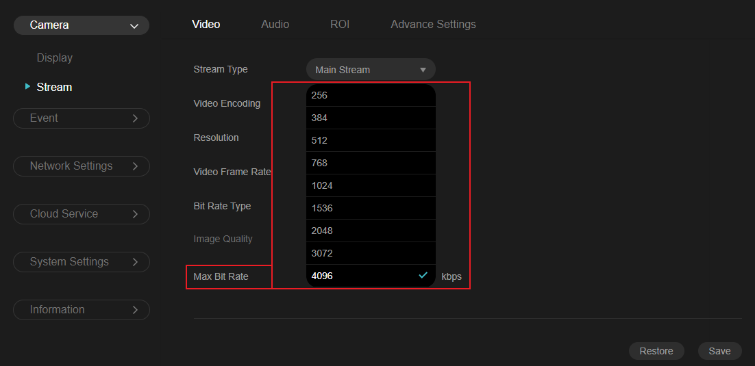 Alt text: Show Max Bit Rate all options