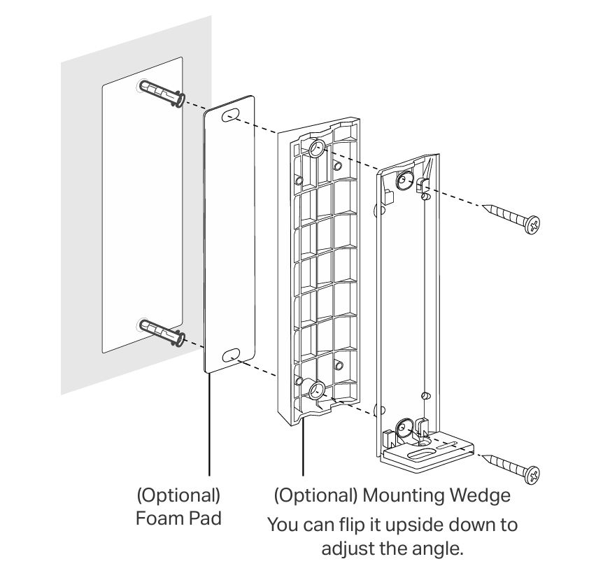 Align and secure the bracket (or bracket with wedges) to the wall using the mounting screws and wall anchors.