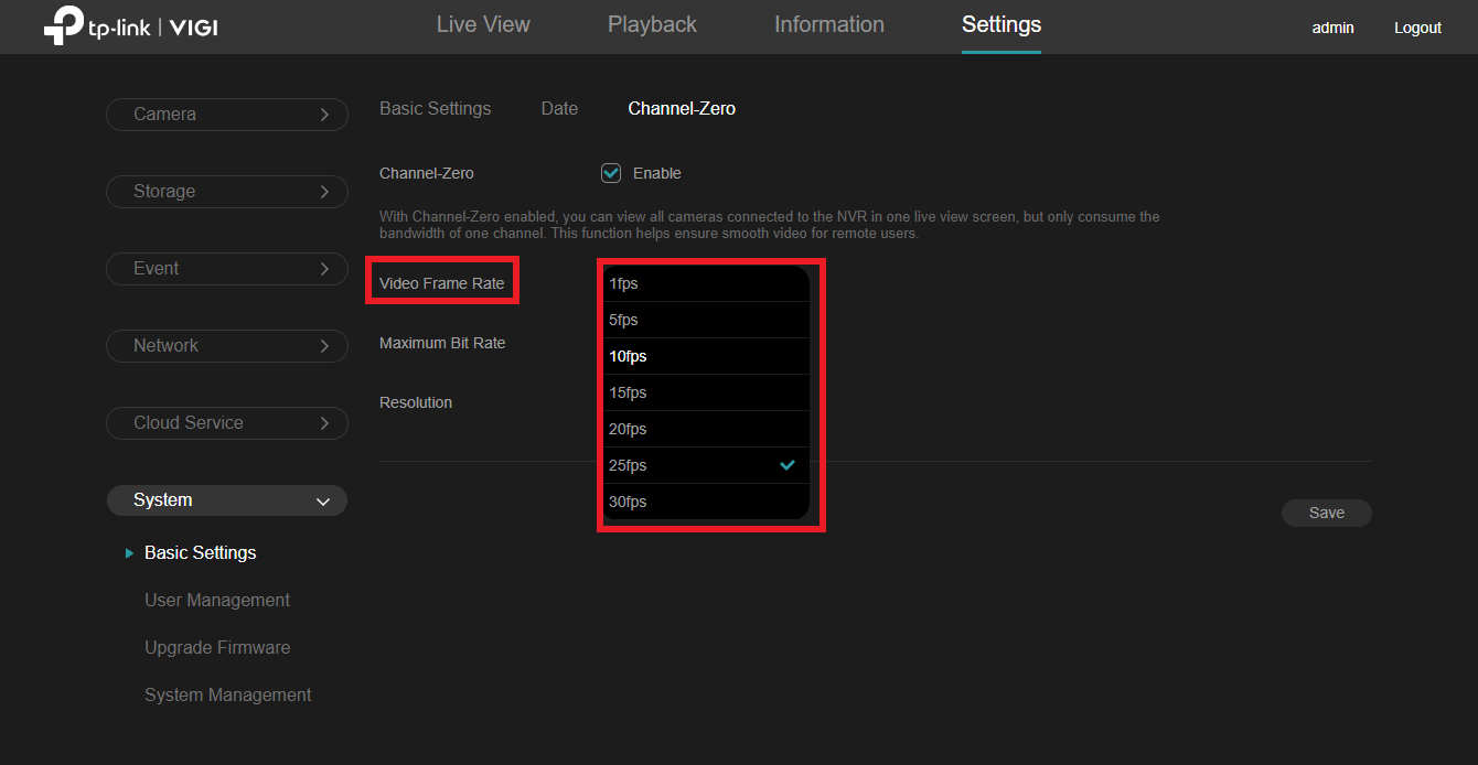 Alt text: Location to choose video frame rate.