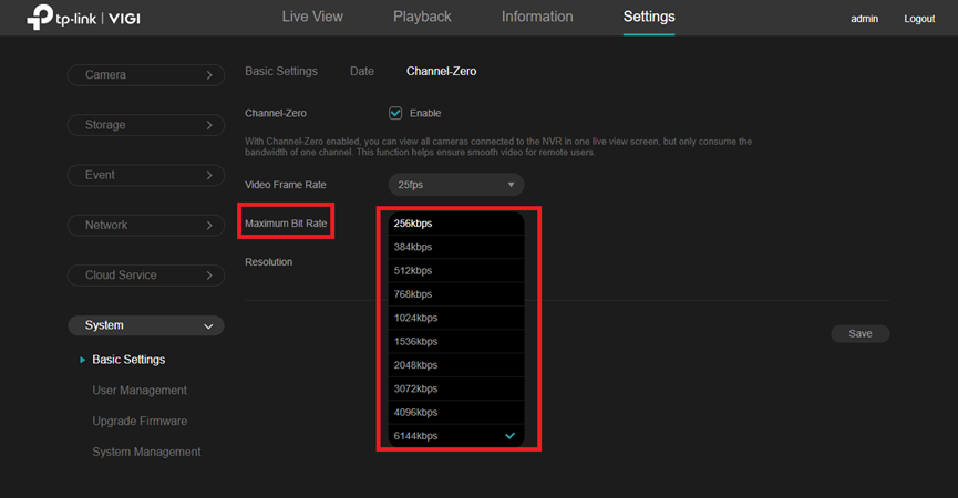 Alt text: Location to choose the maximum bit rate.