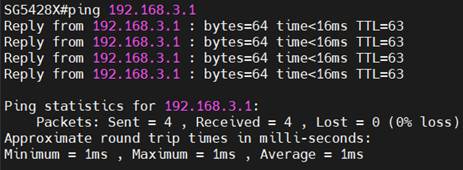 Alt text: The ping result from SG5428X to the interface VLAN 103 on S6500-24G4XF.