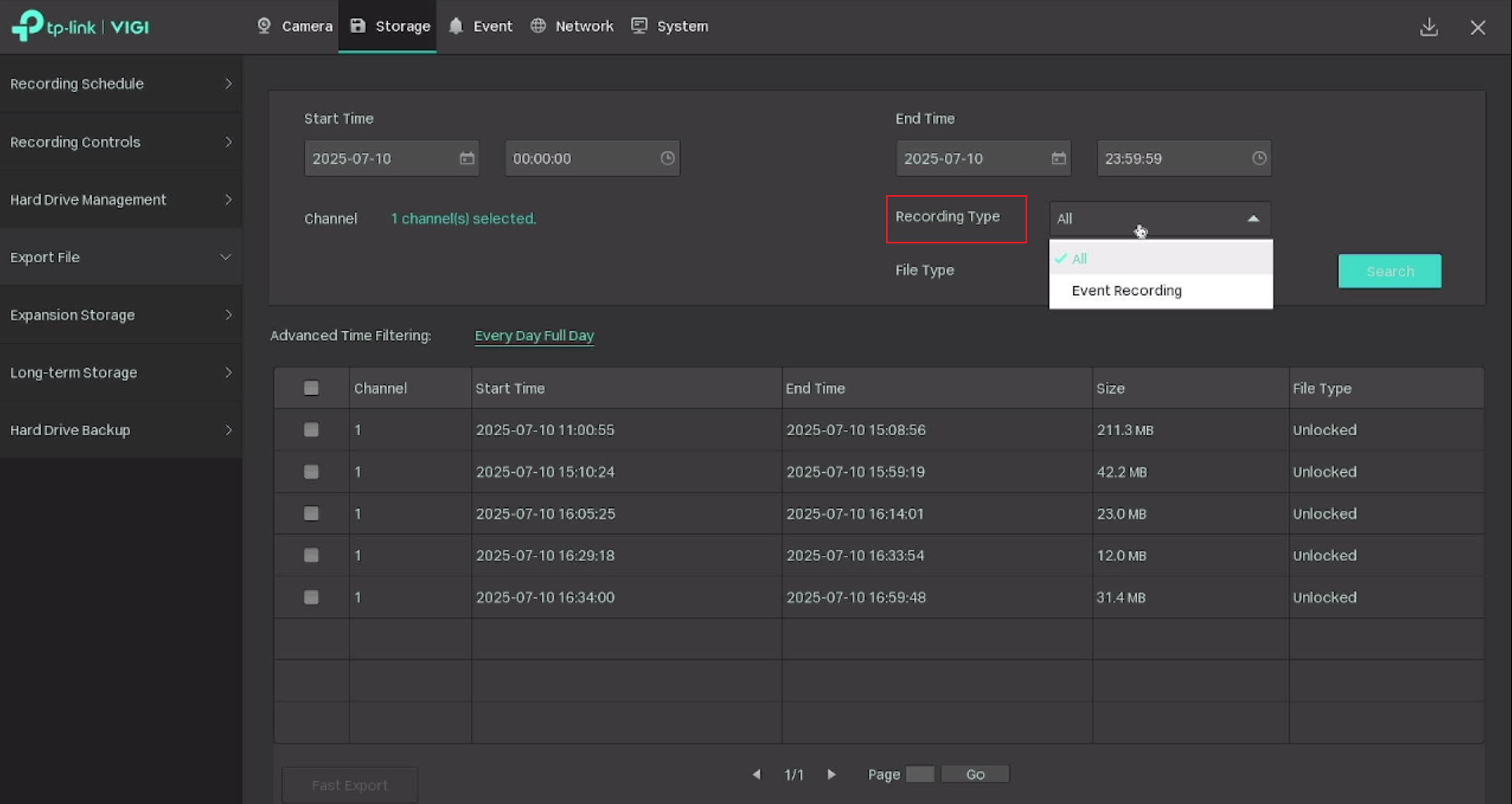 Alt text: Show all options for recording type.