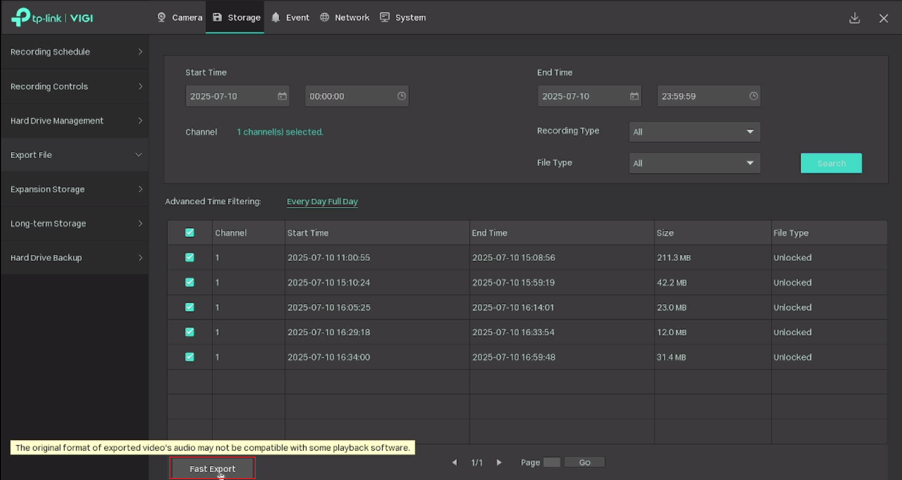 Alt text: Displays the location of the Fast Export button