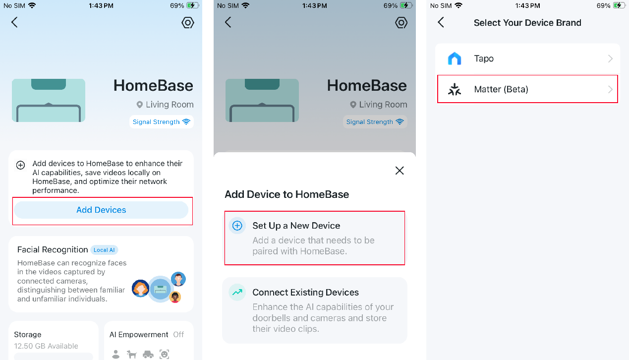 Pages to add the device card on the HomeBase.
