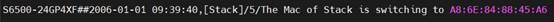 Alt text: Log printed indicating a change in the stacking system MAC address after the MAC-Delay time span.