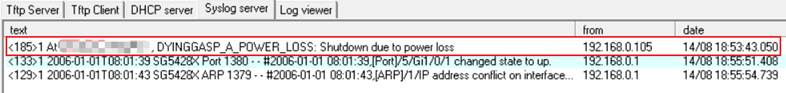 Alt text: Show the logs recorded on the syslog server, including the Dying Gasp message.
