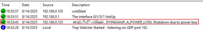 Alt text: Show the SNMP Trap messages received on the software, including the Dying Gasp message