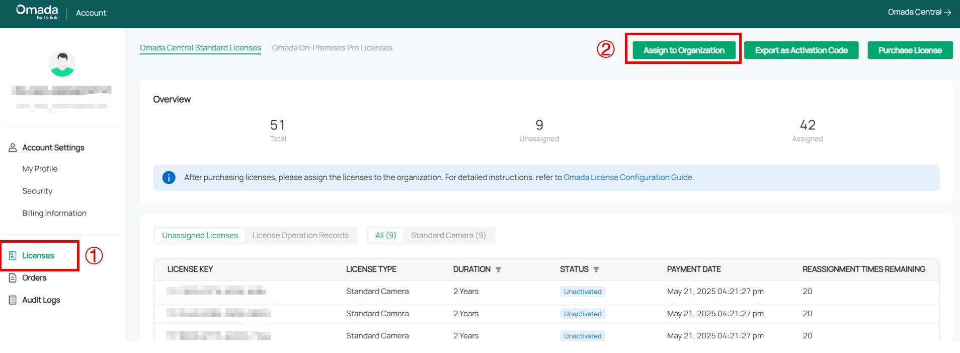 ALT TEXT: Click the Assign to Organization at the top right of the Licenses page.