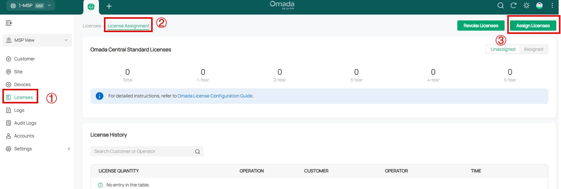 ALT TEXT: Assign Licenses at the top right of the License Assignment page.